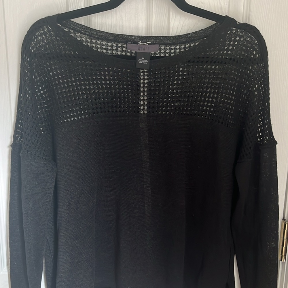 Wyatt Linen Black Long Sleeve Top size M mesh white stripe detail